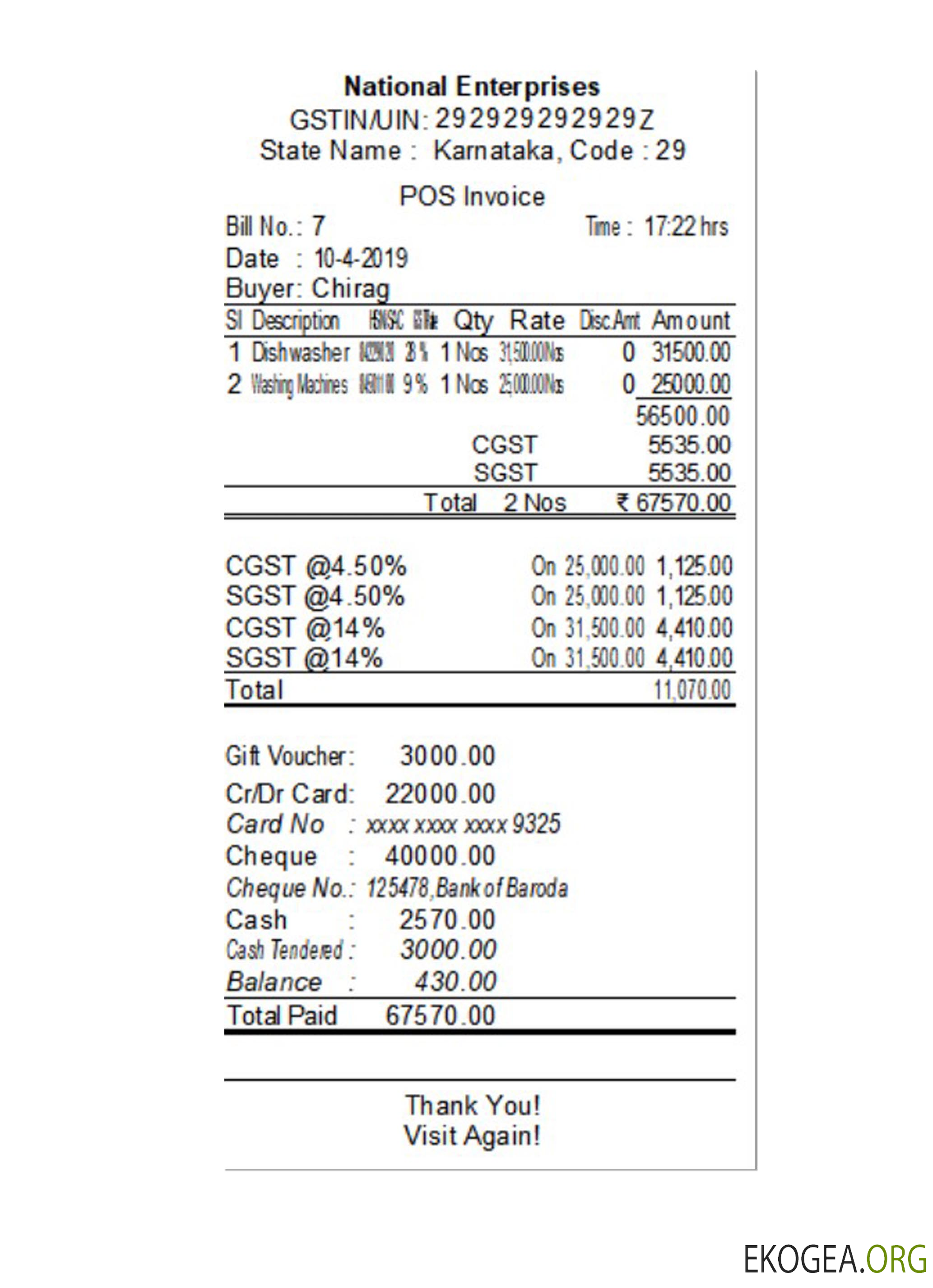 Reçu de paiement ENTREPRISES NATIONALES